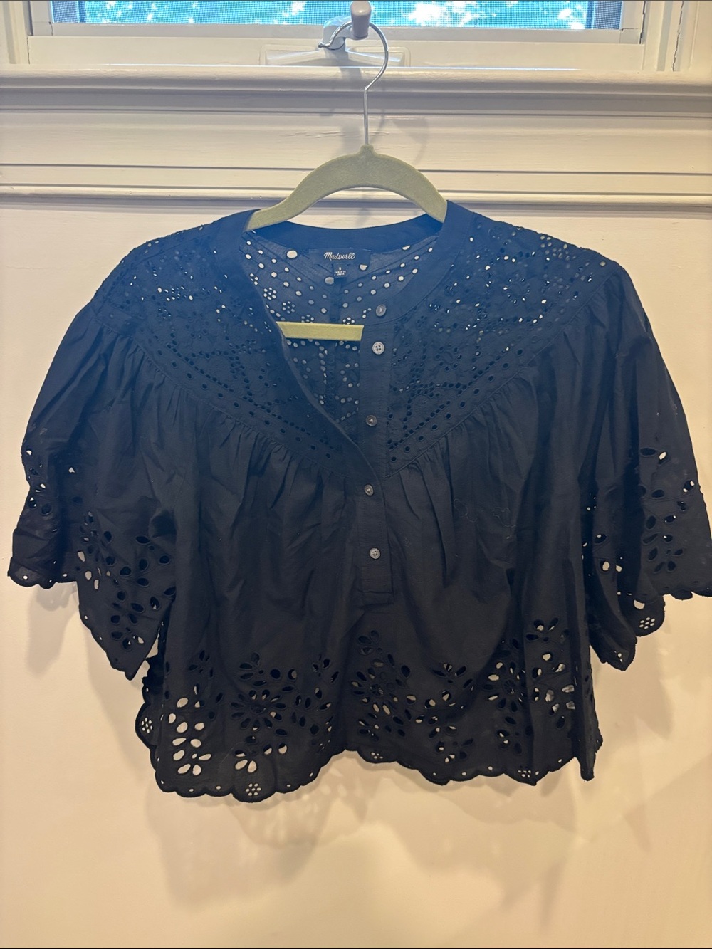Madewell Black Eyelet Cotton Short-Sleeve Button Blouse